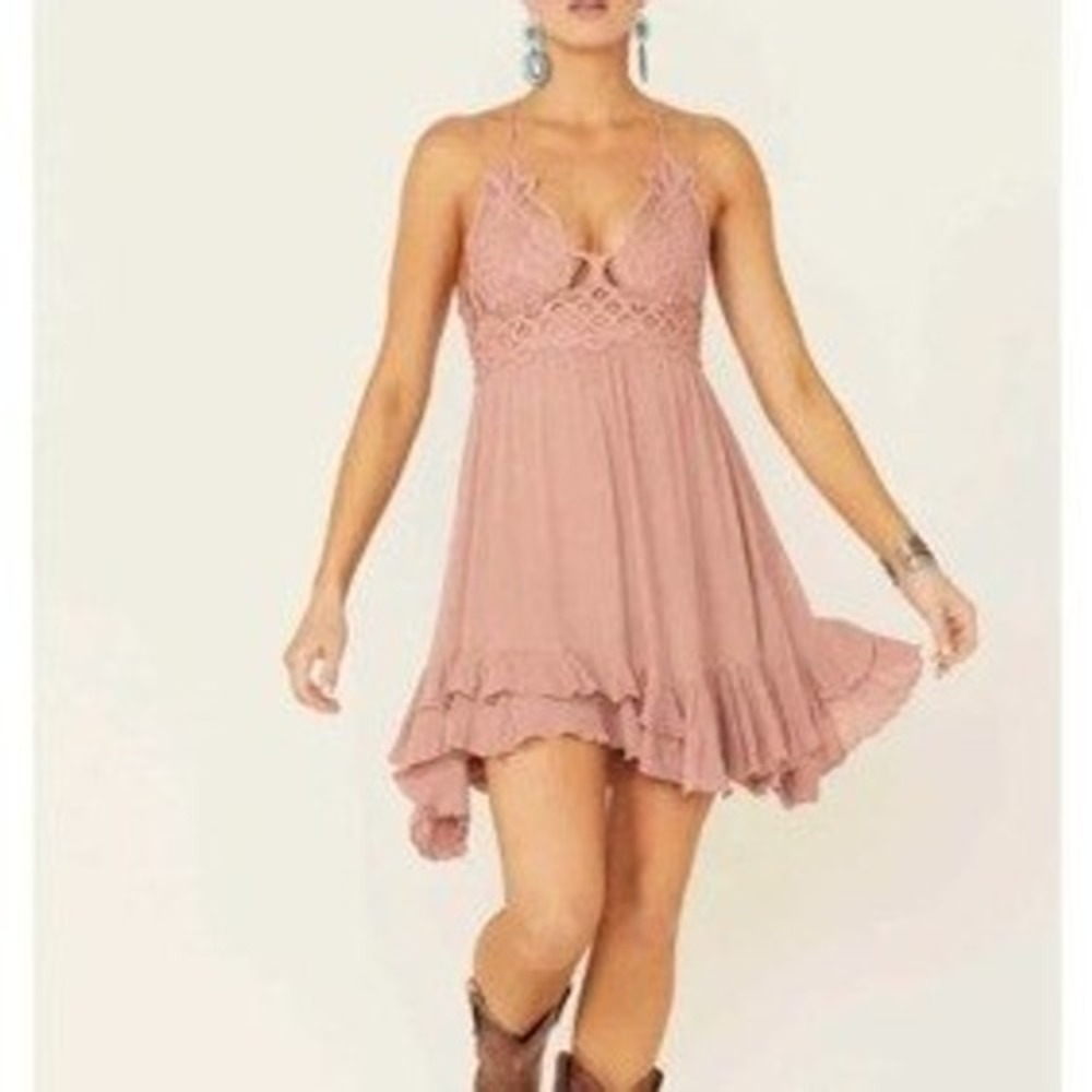 Free People FP One Adella Dress Womens M Rose Mauve Excellent Crochet Lace Boho